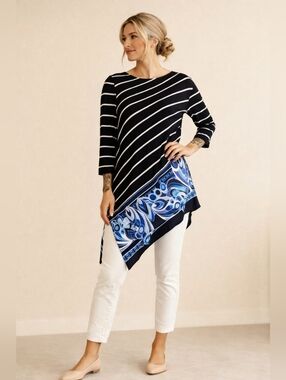 Chico’s Travelers Asymmetrical Tunic Top Black Blue Stripe Print L 12